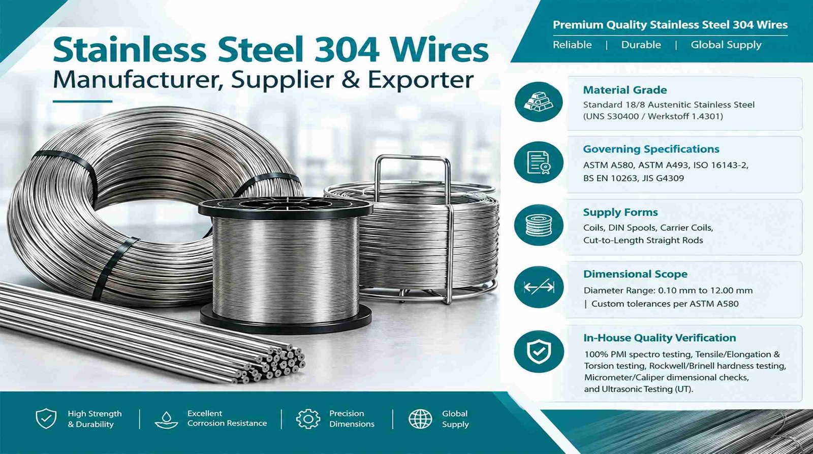 Industrial ASTM A580 grade stainless steel 304 wires in spools and coils ready for dispatch
